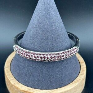 Silver Tone Metal Purple Crystals Rhinestones Hinged Bracelet Bangle 7"